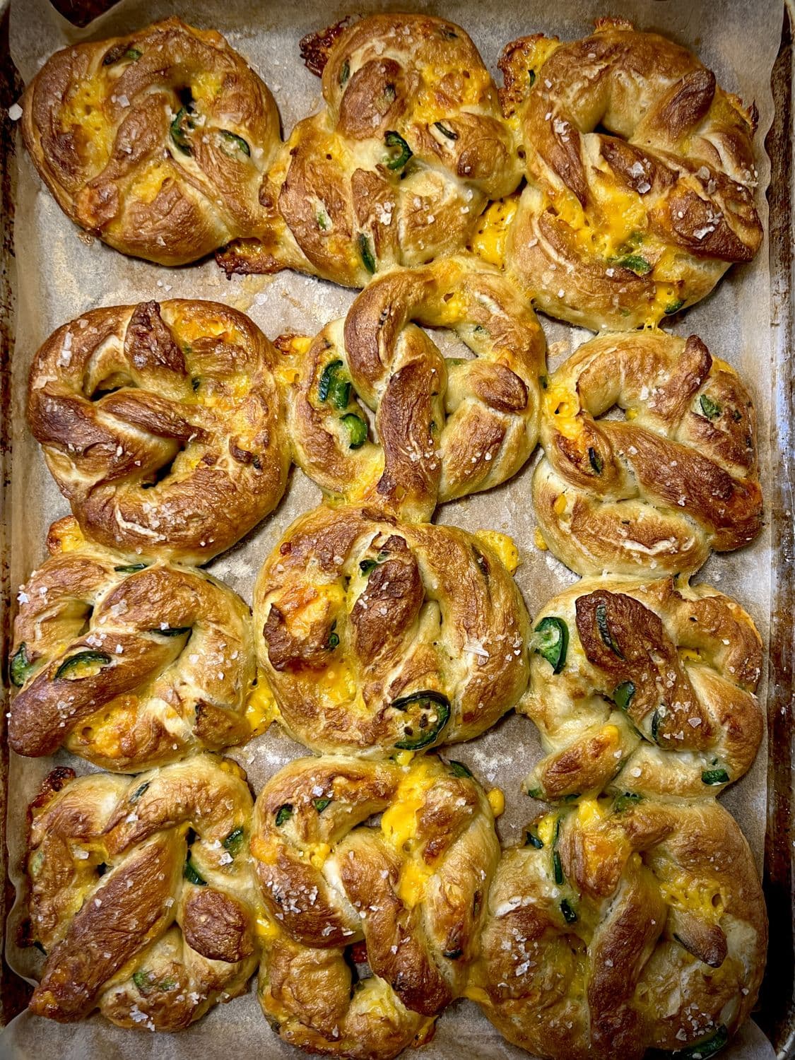 Jalapeno-cheddar pretzel knots, fresh from the oven