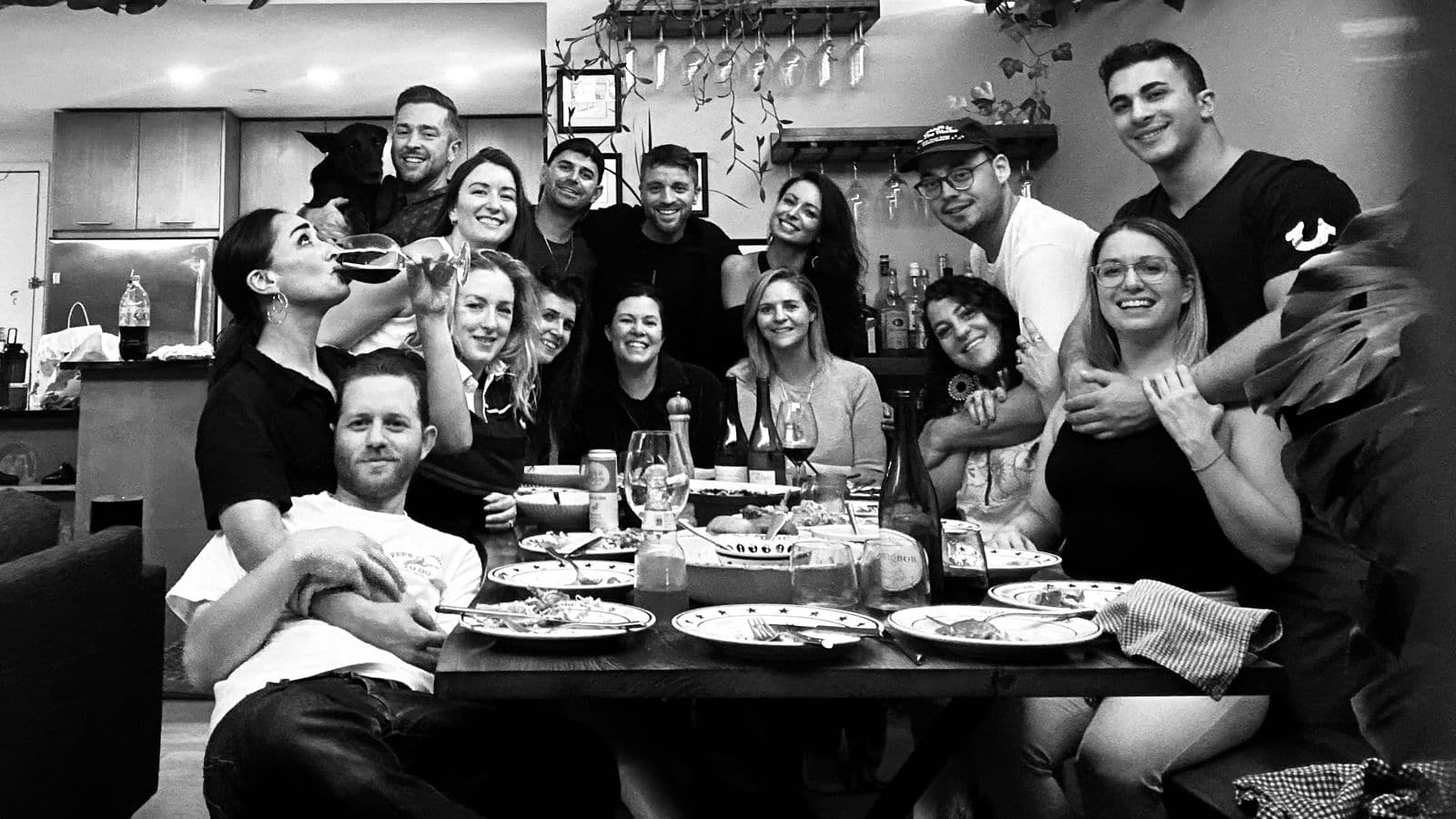 The Friendsgiving table in black and white