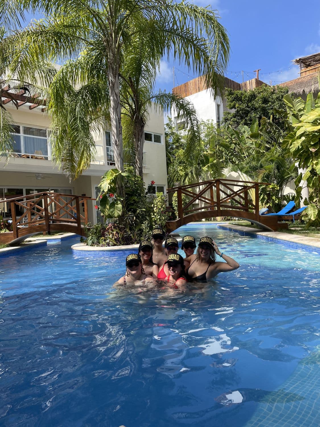 The villa pool in Mexico, palms and footbridge included