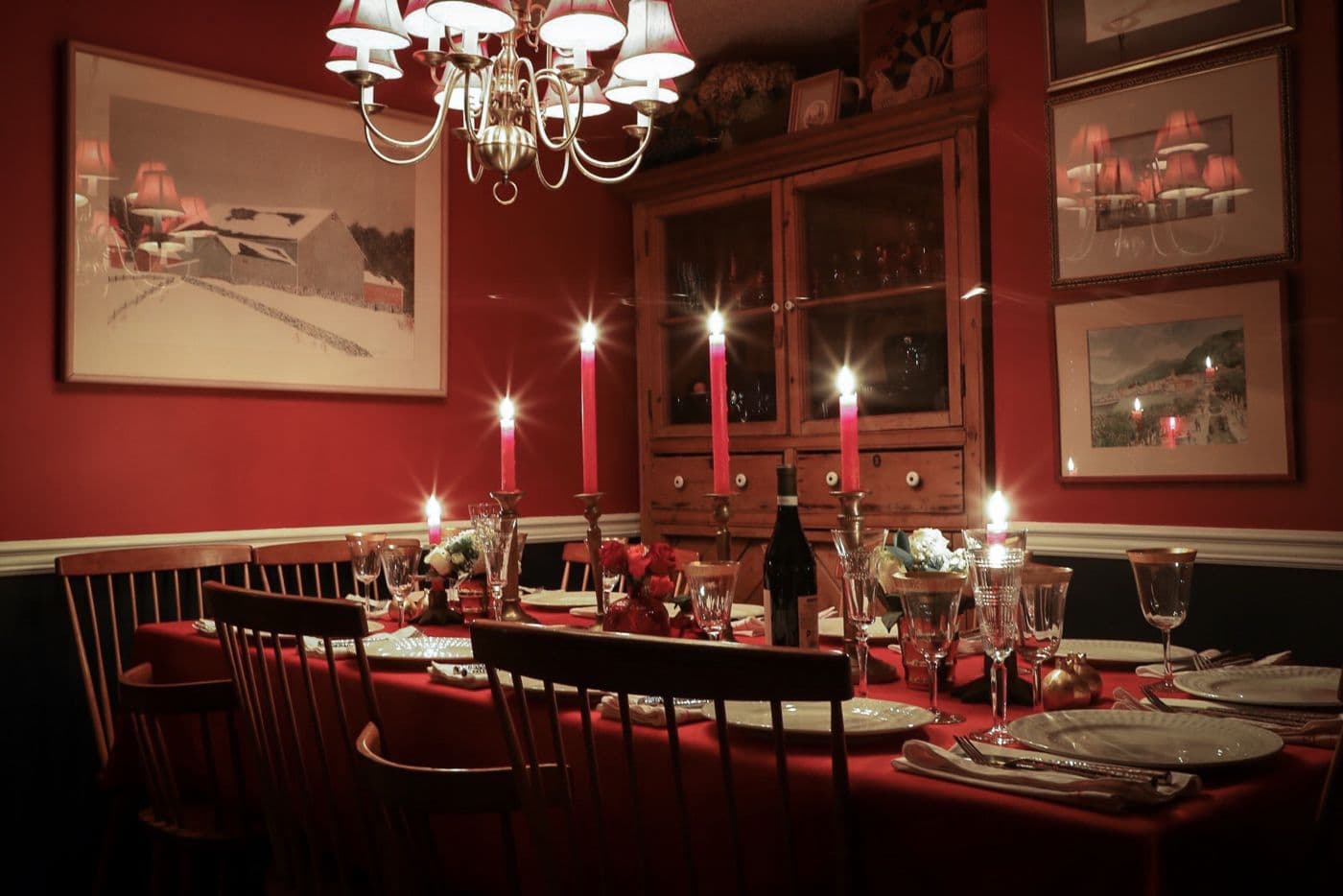 Candlelit private dining room set for dinner