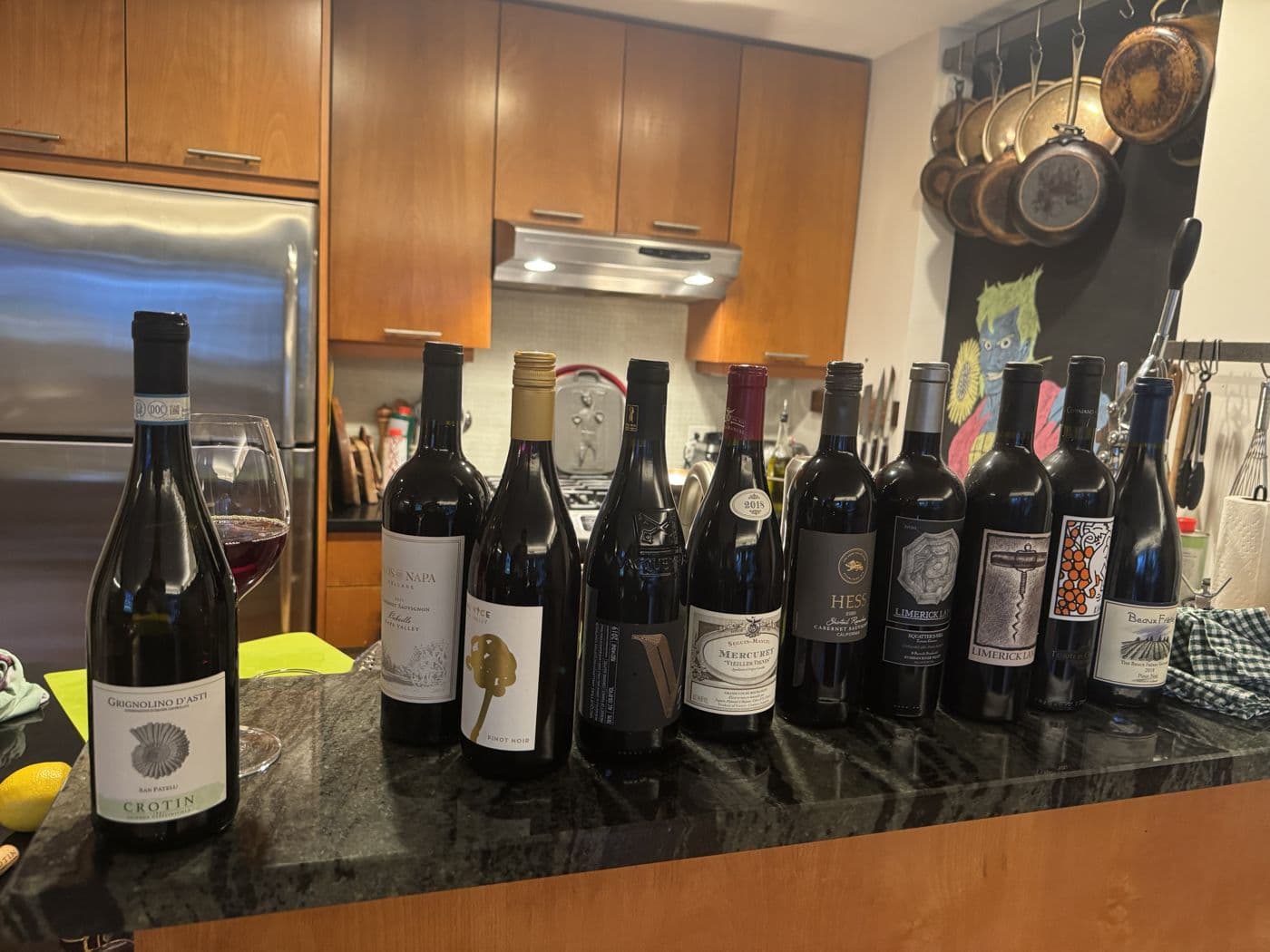 A lineup of wine bottles for the tasting